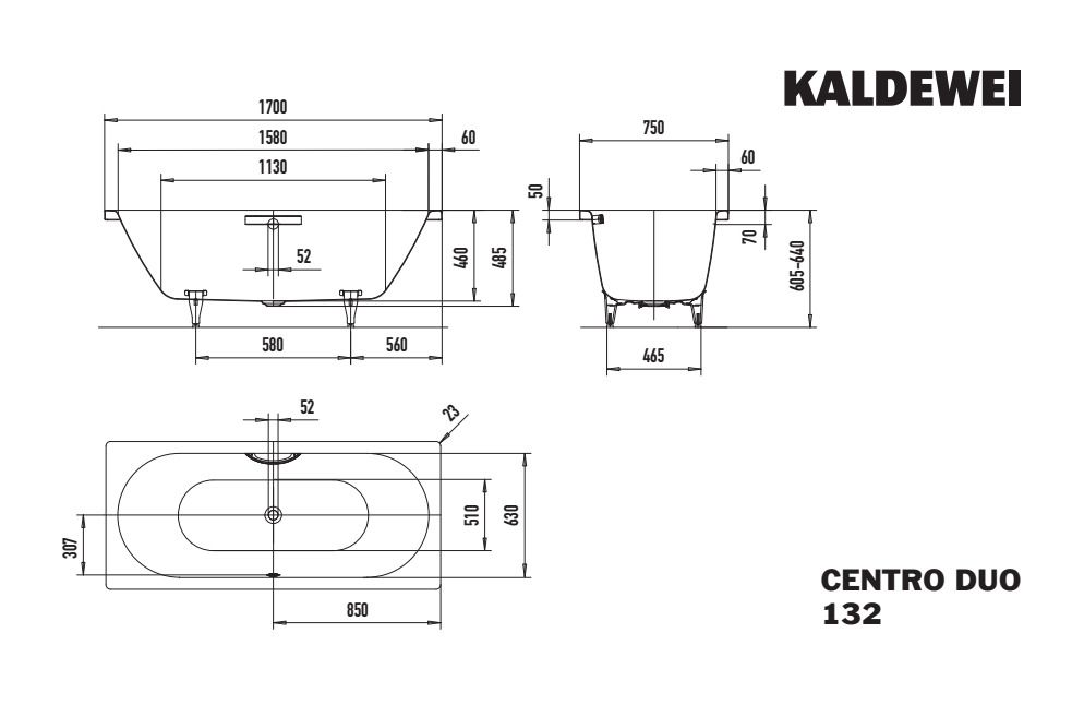 Kaldewei Badewanne CENTRO DUO 132 170x75cm, Griffloch, Perl-Effekt, Rutschhemmend, bahamabeige