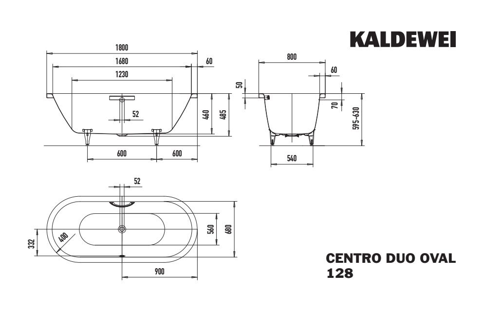 Kaldewei Badewanne CENTRO DUO oval 128 180x80cm, Griffloch, alpinweiß matt