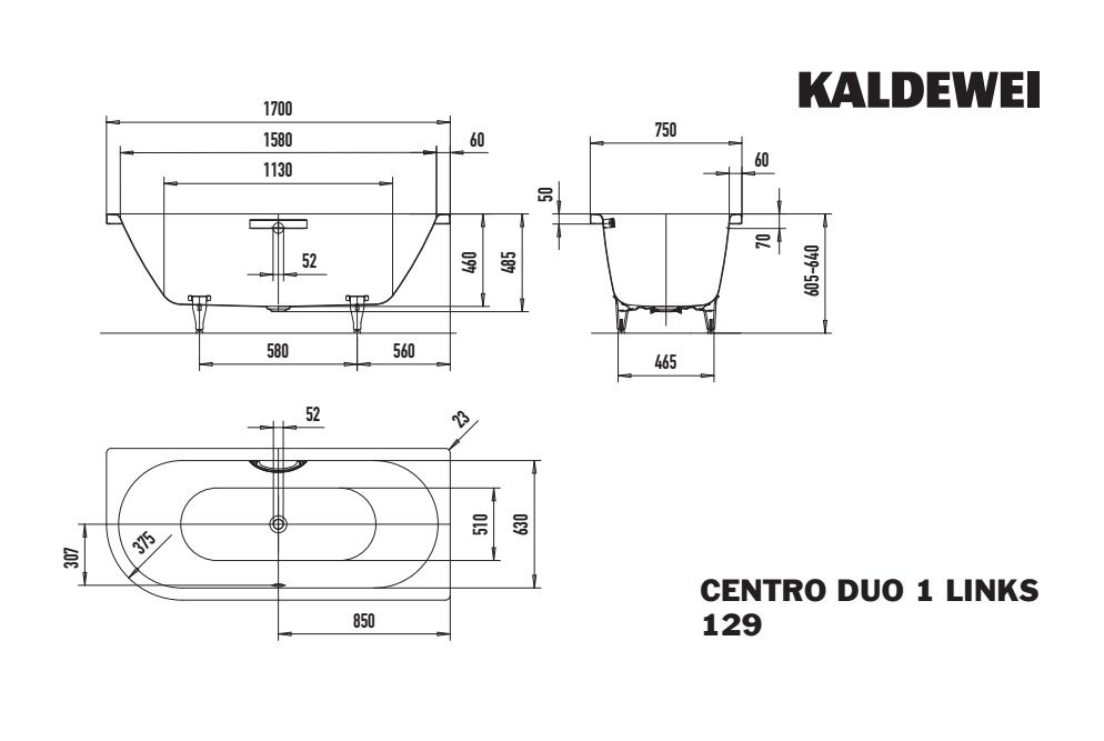 Kaldewei Badewanne CENTRO DUO 1 links 129 170x75cm, Griffloch, Perl-Effekt, Vollantislip, schwarz