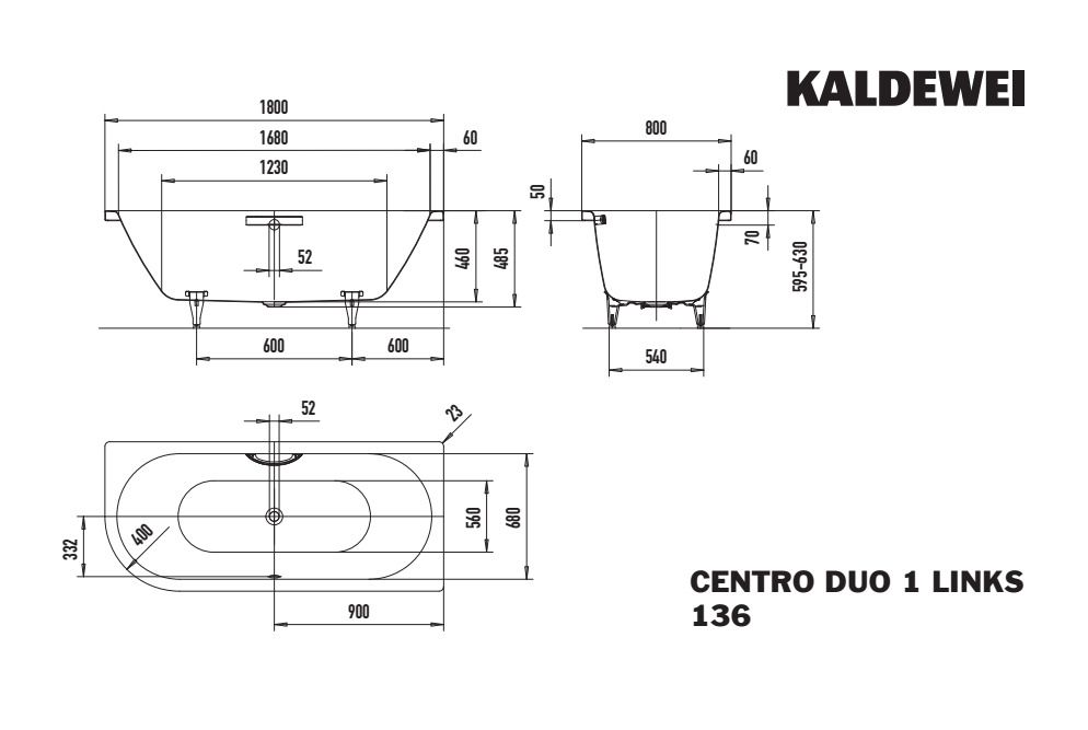 Kaldewei Badewanne CENTRO DUO 1 links 136 180x80cm, Griffloch Antislip, schwarz