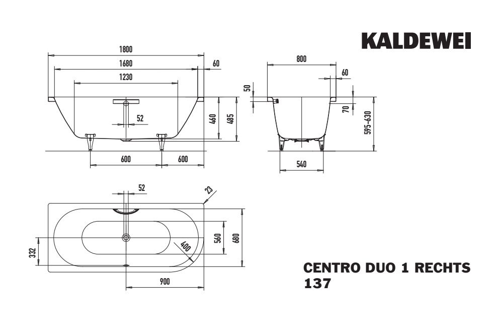 Kaldewei Badewanne CENTRO DUO 1 rechts 137 180x80cm, Griffloch Vollantislip, pergamon