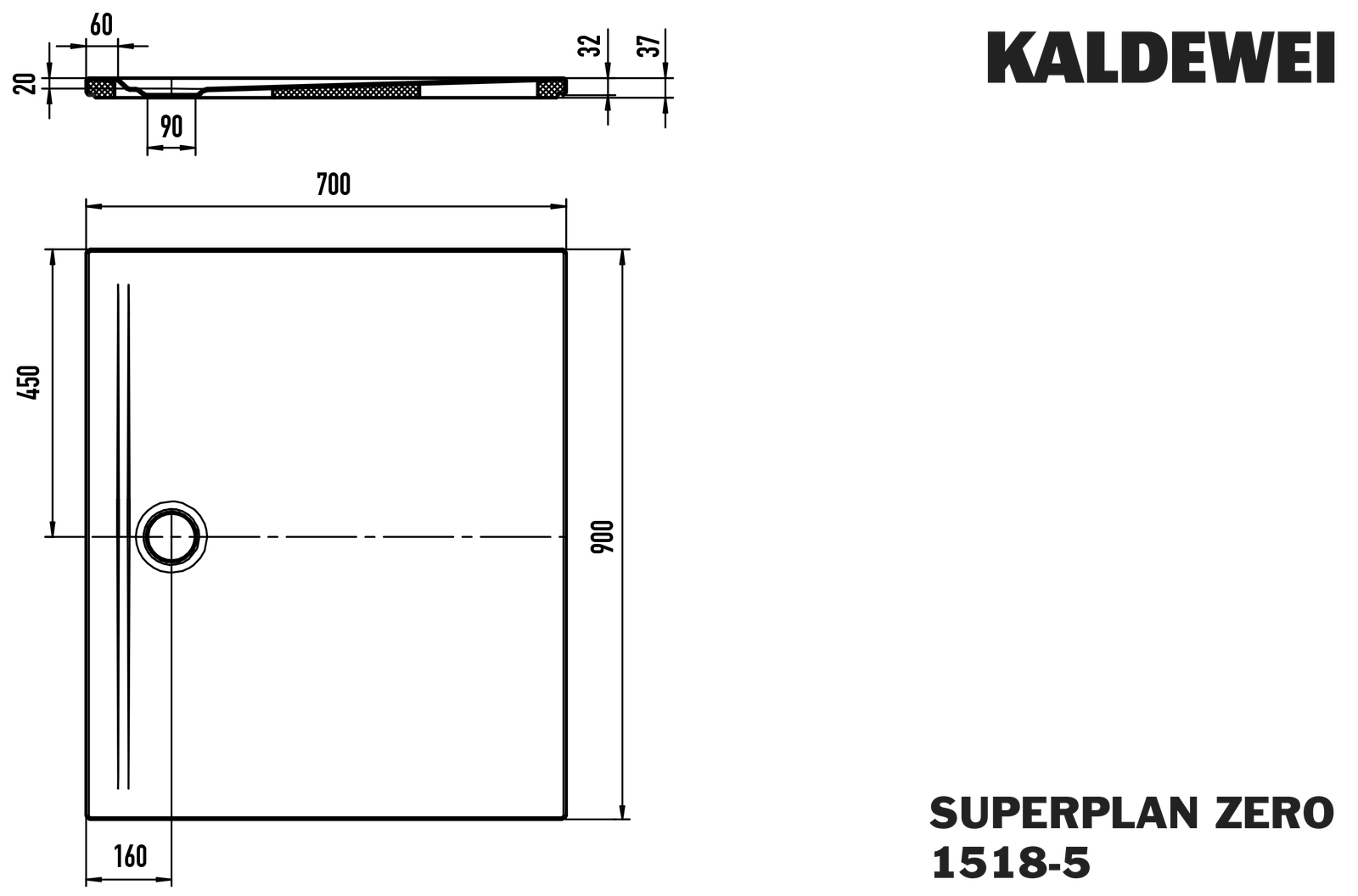 Kaldewei Duschwanne SUPERPLAN ZERO 1518-5 70x90cm, Wannenträger extraflach, grey40