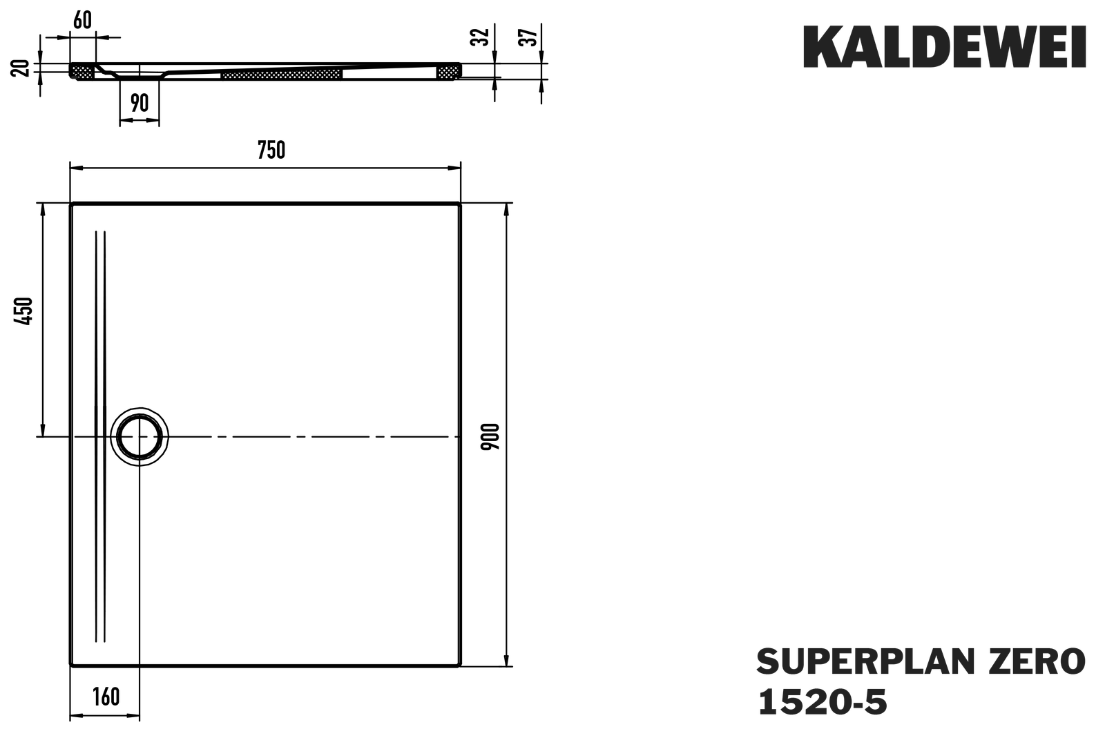 Kaldewei Duschwanne SUPERPLAN ZERO 1520-5 75x90cm, Wannenträger extraflach, SEC, weiß