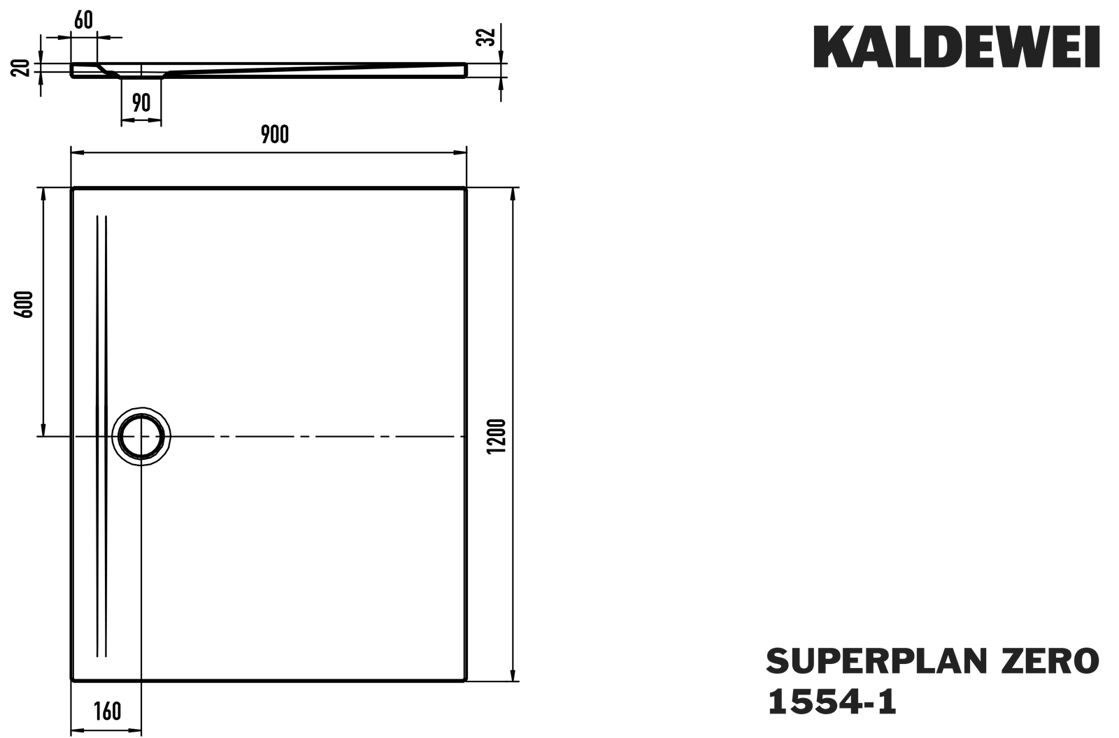 Kaldewei Duschwanne SUPERPLAN ZERO 1554-1 90x120cm, Secure Plus, alpinweiß