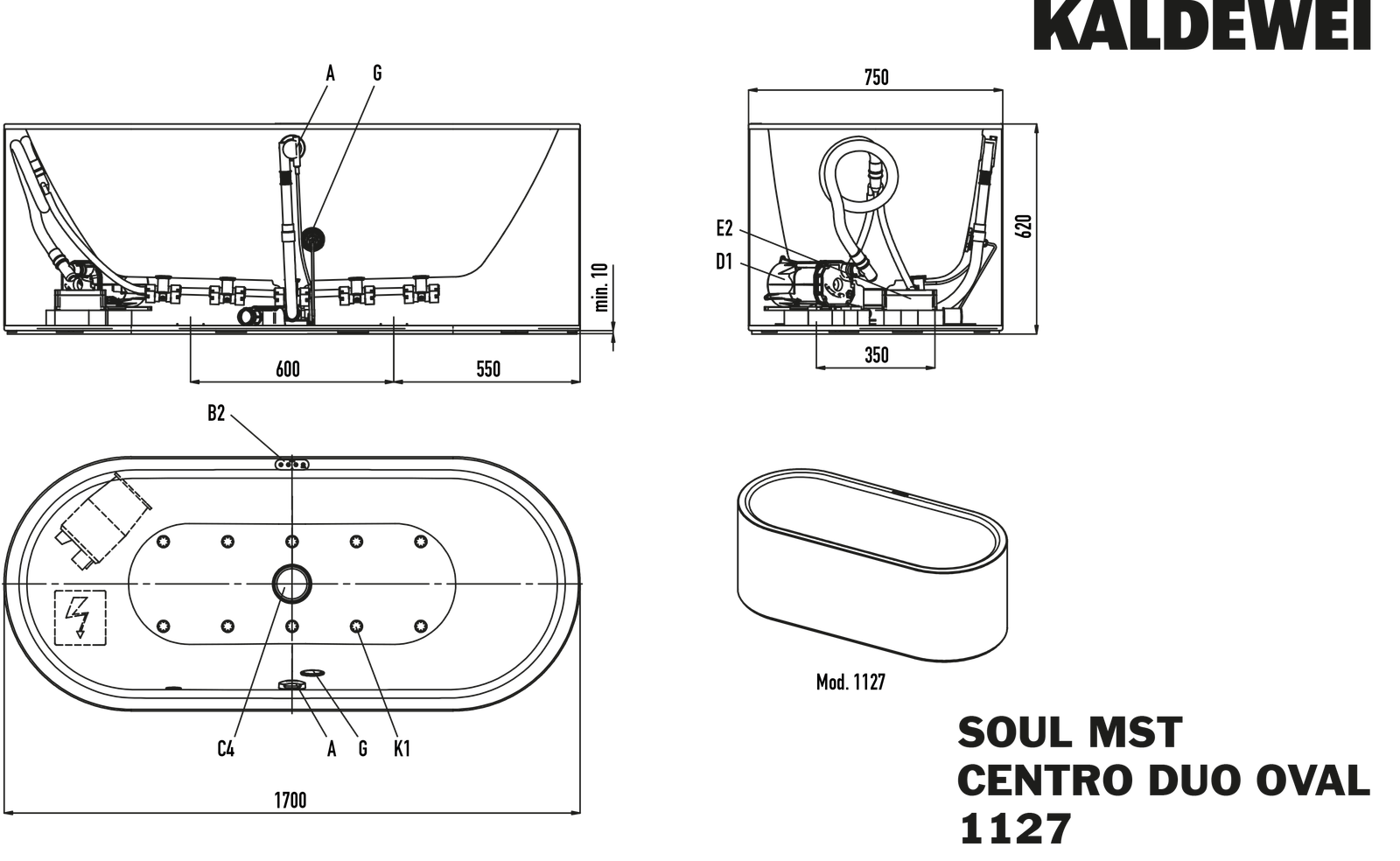 Kaldewei Badewanne Meisterstück Centro Duo oval-1127 170x75cm, Schallschutz, weiß, Soul, Perl-Effekt, Sichtteile weiß