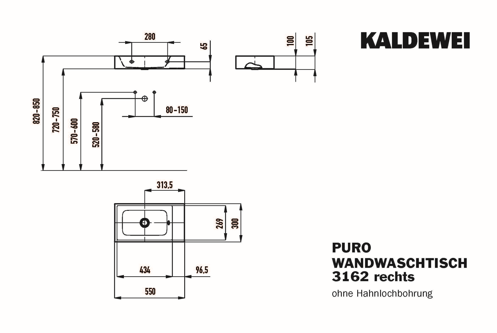 Kaldewei Wand-Handwaschtisch PURO 3162 55x30x10cm, ohne Überlauf/Hahnloch, rechts, Perl-Effekt, schwarz matt 100