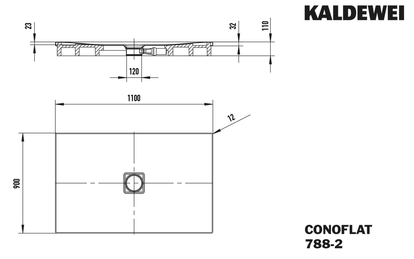 Kaldewei Duschfläche CONOFLAT 788-2 90x110cm, mit Träger, Perl-Effekt, schwarz