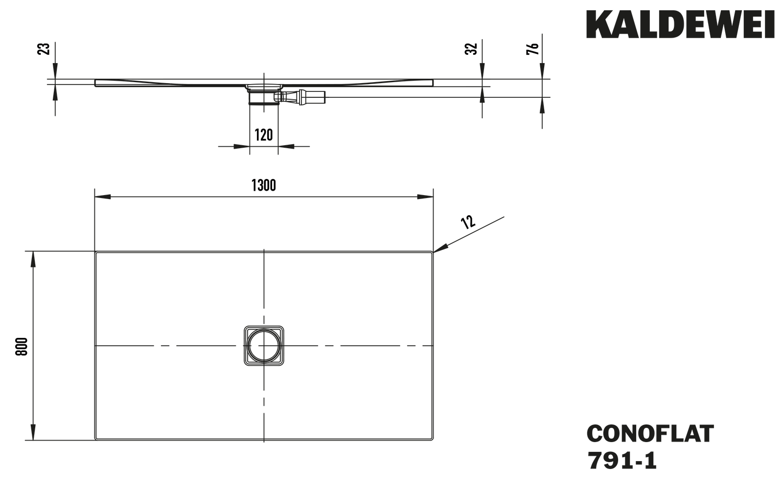Kaldewei Duschfläche CONOFLAT 791-1 80x130cm, Antislip Perl-Effekt, schwarz