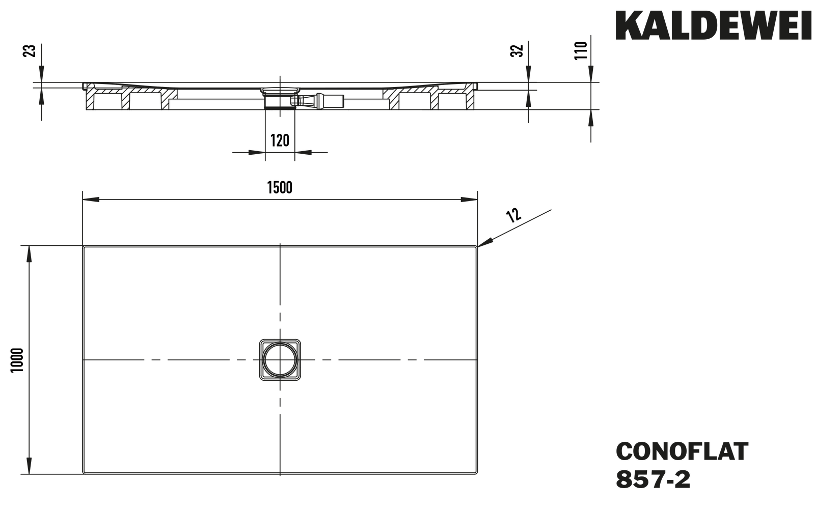 Kaldewei Duschfläche CONOFLAT 857-2 100x150cm, mit Träger, schwarz