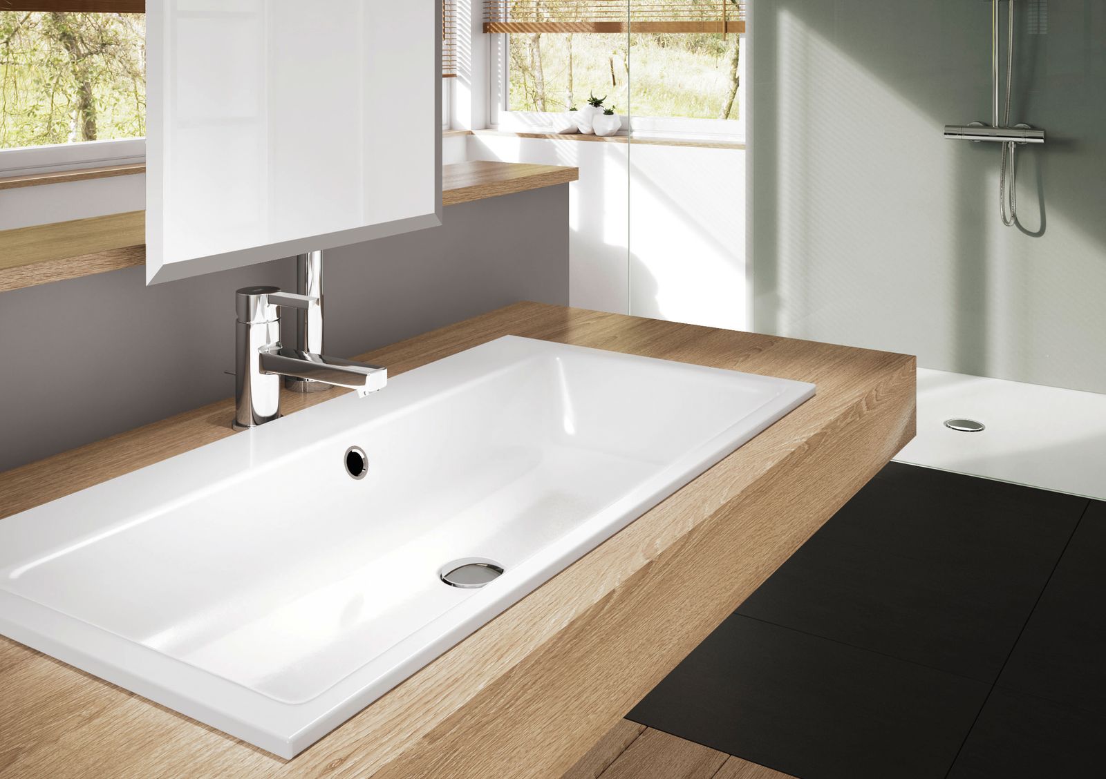 Kaldewei Einbau-Waschtisch PURO 3152, 90 x 46 cm, cool grey 30 Perl-Effekt, mit Überlauf, 1 Hahnloch