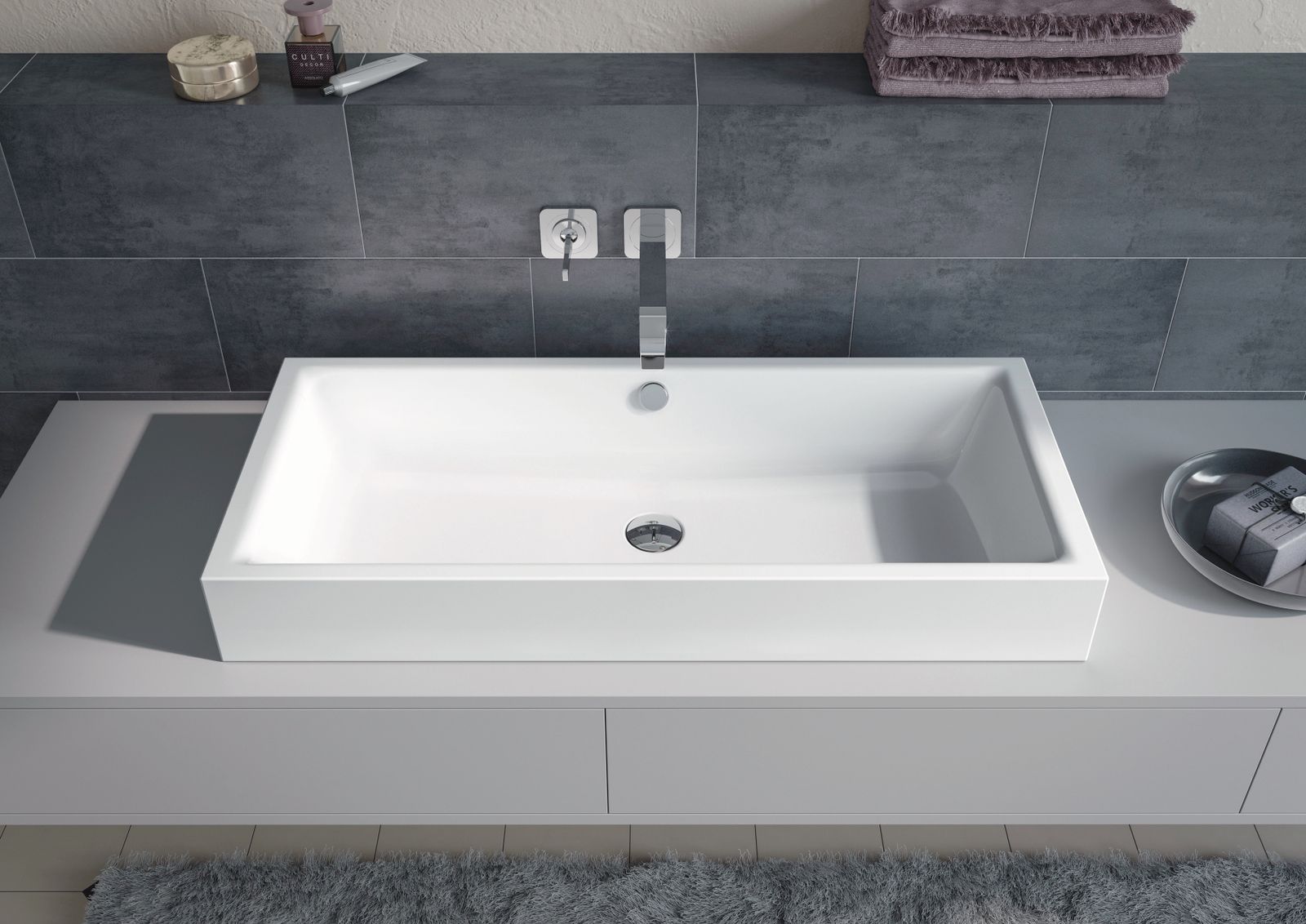 Kaldewei Aufsatzwaschtisch PURO S 3176, 90 x 38,5 cm, warm grey 60, mit Überlauf, ohne Hahnloch
