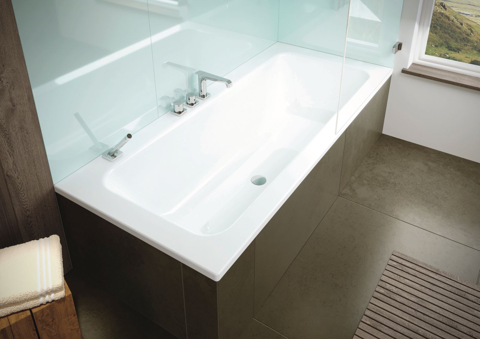 Kaldewei Badewanne PURO SET WIDE rechts 667 170x75cm, Überlauf mittig, Griffloch, Perl-Effekt, Rutschhemmend, pergamon