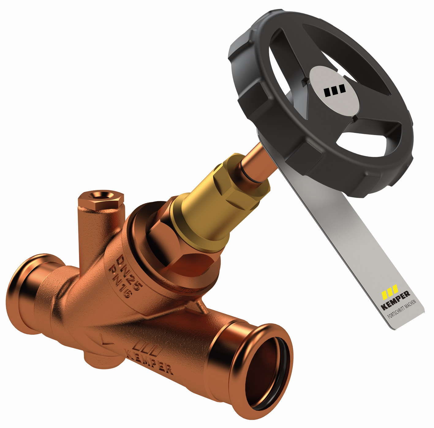 Kemper System-Absperrventil Weser DN 25, 28 mm, PN 16, Rotguss, mit Entleerstopfen