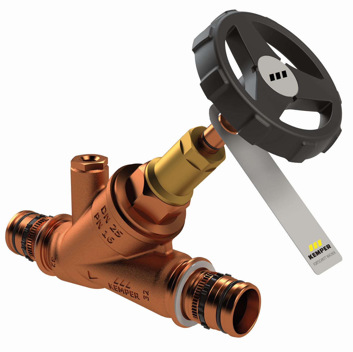 Kemper Freistrom-Absperrventil Weser DN 40, 50 x 4 mm, PN 16, Rotguss, mit Entleerstopfen