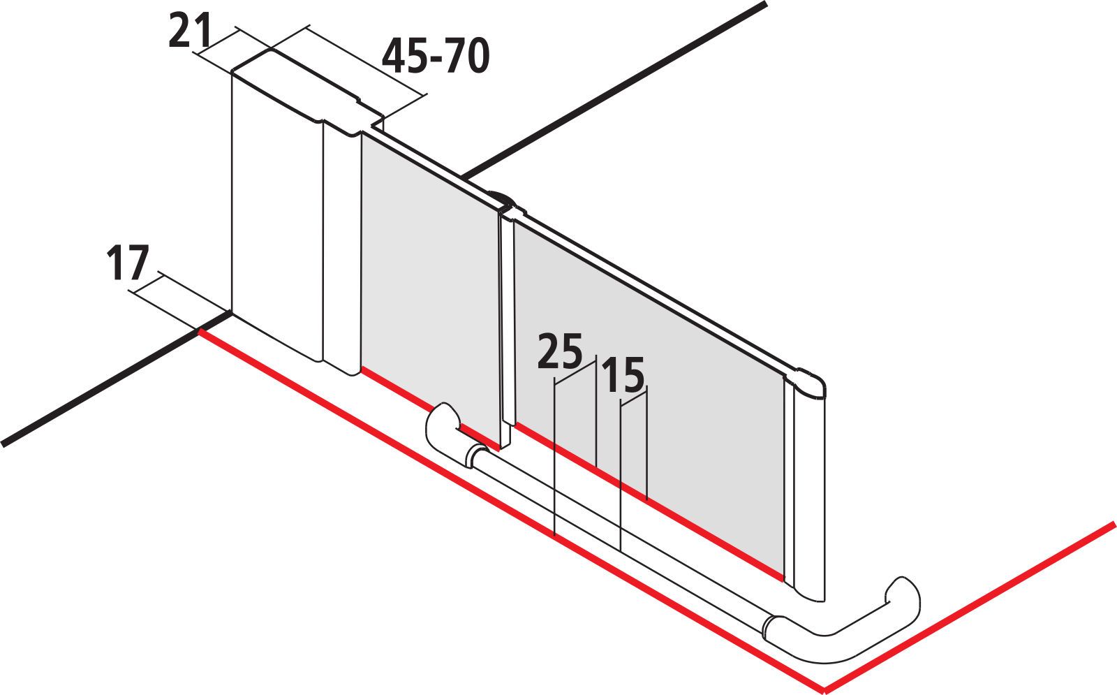 Kermi Schwingtür LIGA mit Festfeld/Wandprofil 103 x 200 cm, silber hochglanz, ESG klar Stripe 4, rechts, auf Duschplatz