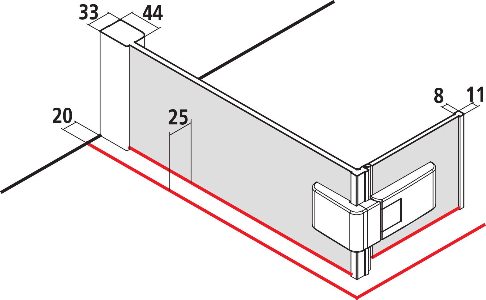 Kermi Seitenwand Walk-In MENA mit beweglichem Flügel 90 x 200 cm, silber hochglanz, ESG Milchglas SR Opaco Clean, mit Wandprofil, links