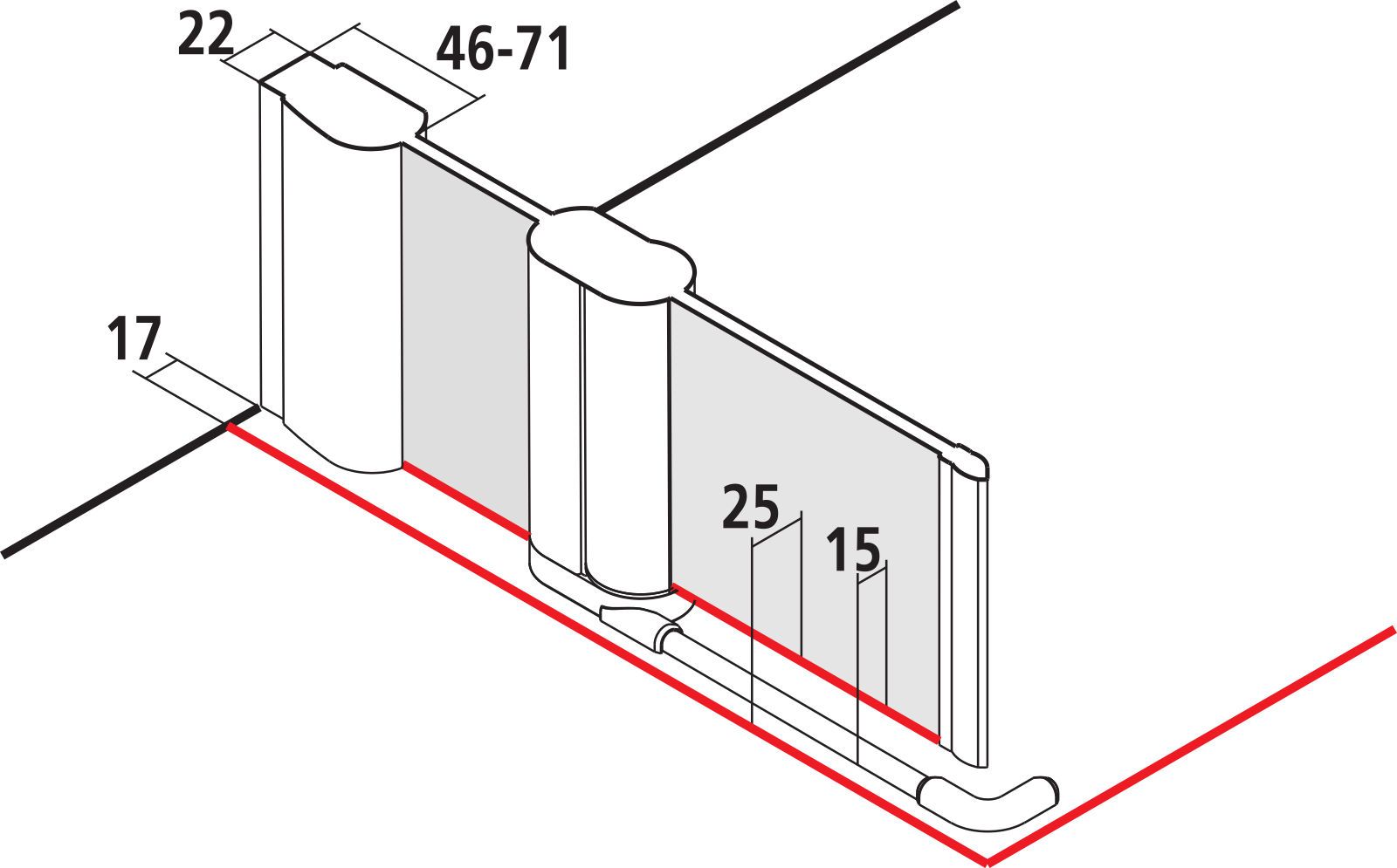 Kermi Eckeinstiegshälfte Pega 2-teilig Pedeltüren mit Festfeldern 75 x 185 cm, silber hochglanz ESG SR Opaco Clean, links, auf Duschwanne