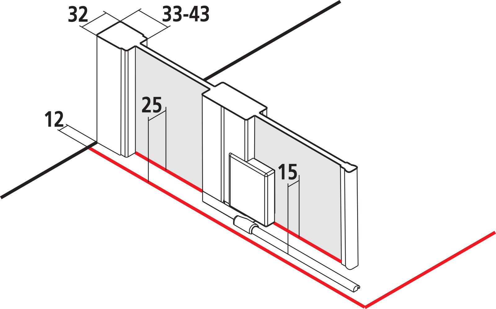 Kermi Pendeltür Raya 1-flügelig mit Festfeld 90 x 200 cm, silber mattglanz, ESG klar Dekor Stripe 4, links, auf Duschwanne