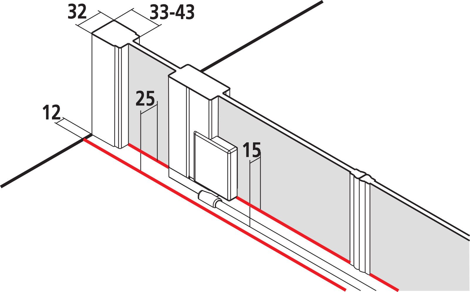 Kermi Pendeltür Raya mit Festfeldern 153 x 200 cm, silber hochglanz, ESG SR OpacoClean, auf Duschplatz