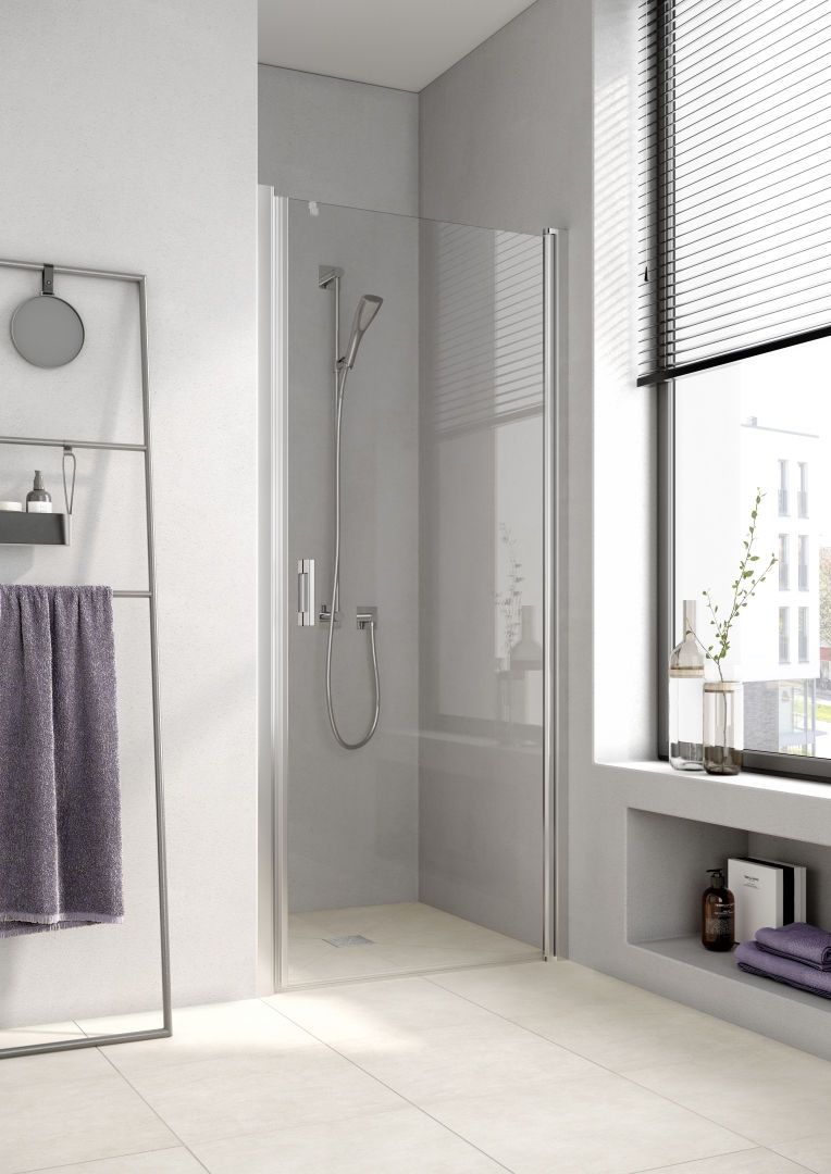 Kermi Pendeltür LIGA 1-flügelig 90 x 200 cm, silber mattglanz, ESG klar Dekor Stripe 3, rechts, auf Duschwanne