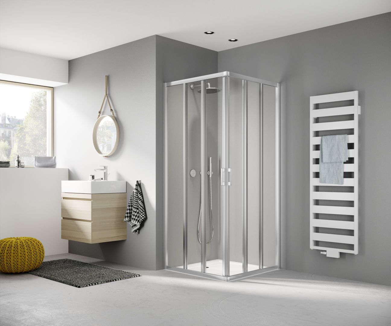 Kermi Eckeinstiegshälfte LIGA 3-teilig Gleittüren 120 x 185 cm, links, silber mattglanz, ESG klar