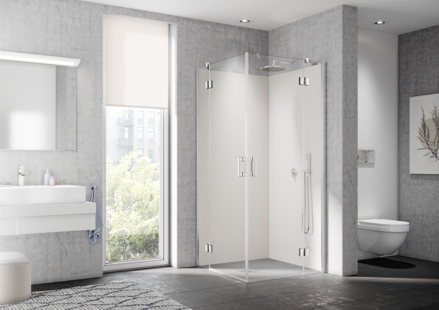 Kermi Eckeinstiegshälfte LIGA 2-teilig Schwingtür mit Festfeld/Wandprofil 120 x 200 cm, rechts, silber hochglanz, ESG klar Stripe 4 Clean, auf Duschwanne