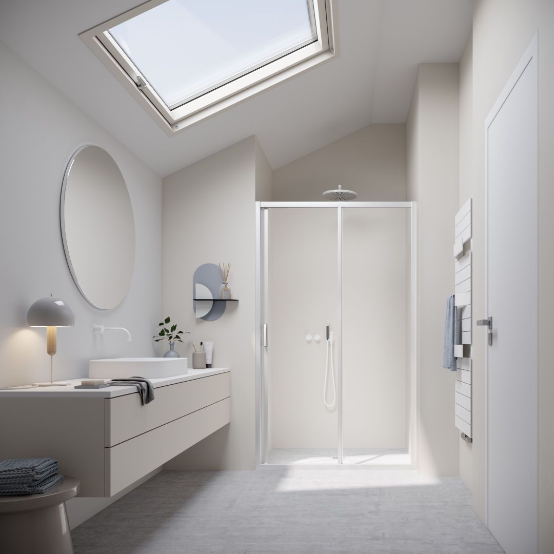 Kermi Gleittür LIGA 2-teilig mit Festfeld 150 x 185 cm, silber mattglanz, ESG klar Clean, rechts