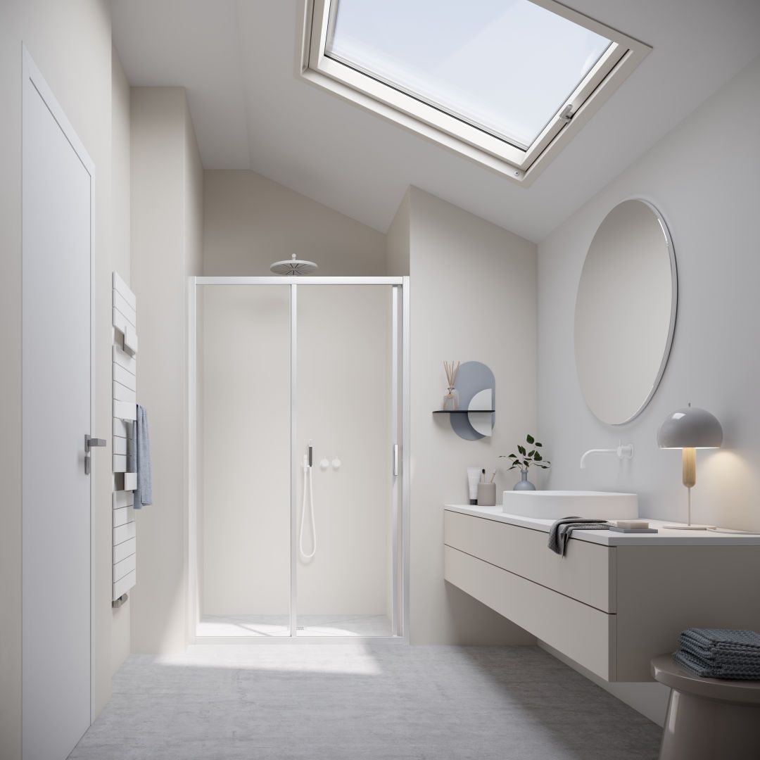 Kermi Gleittür LIGA 2-teilig mit Festfeld 140 x 200 cm, silber hochglanz, ESG klar Clean, links