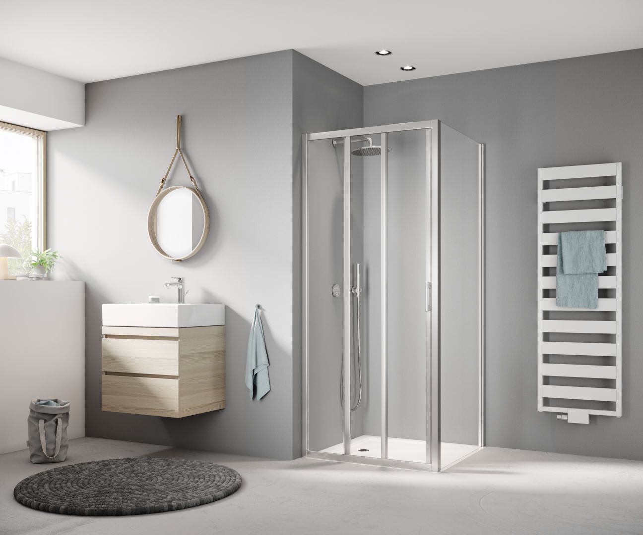 Kermi Gleittür LIGA 3-teilig mit Festfeld 115 x 200 cm, silber hochglanz, ESG klar Clean, links