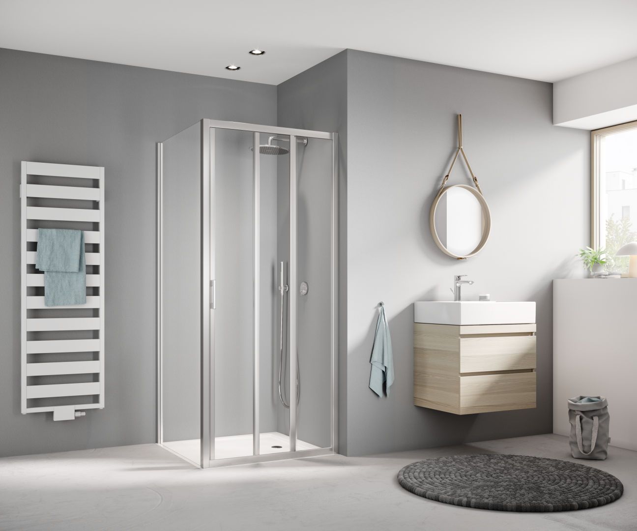 Kermi Gleittür LIGA 3-teilig mit Festfeld 85 x 185 cm, silber mattglanz, ESG klar, rechts