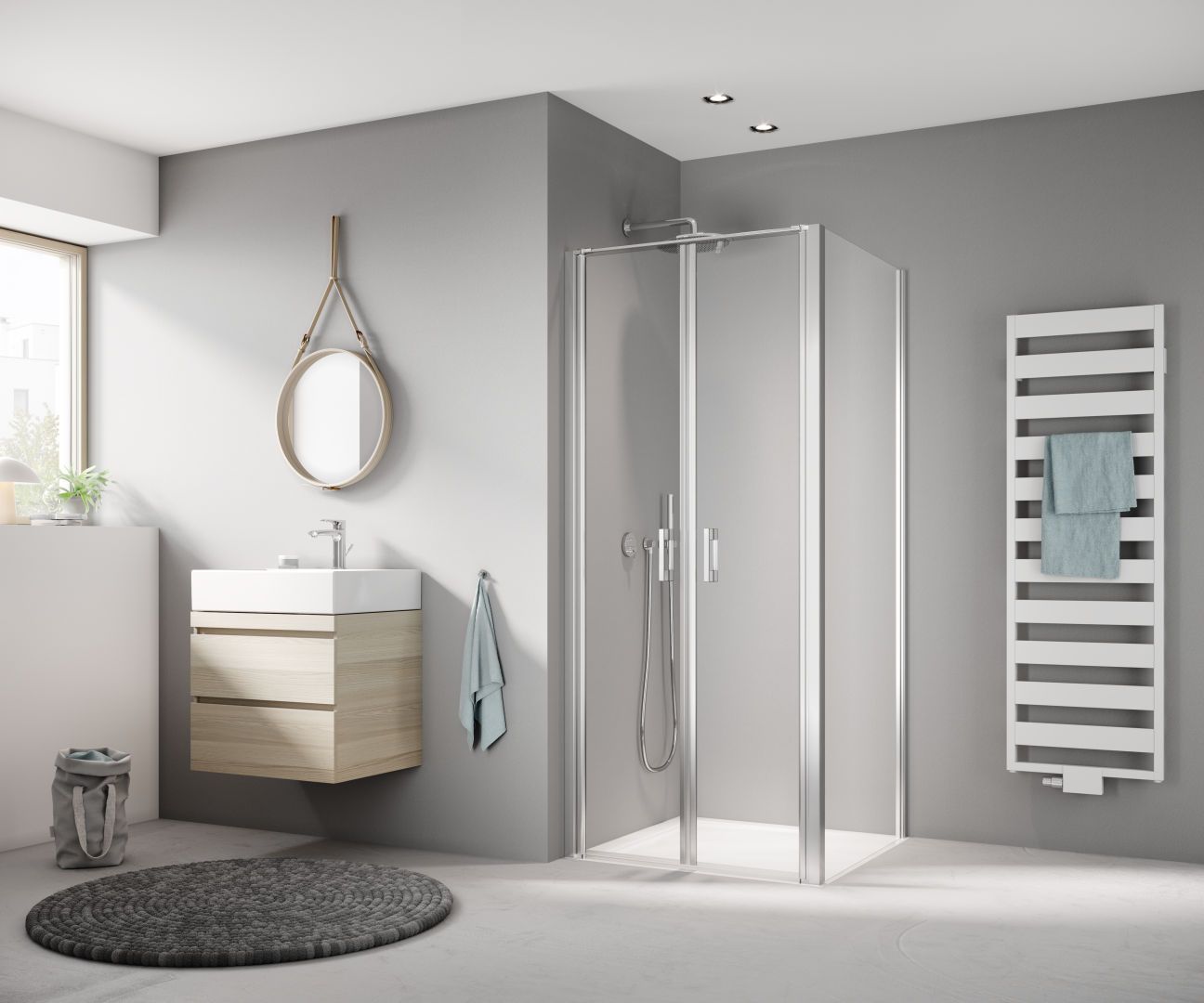 Kermi Pendeltür LIGA 85 x 200 cm, silber mattglanz, ESG klar Dekor Stripe 3, auf Duschwanne