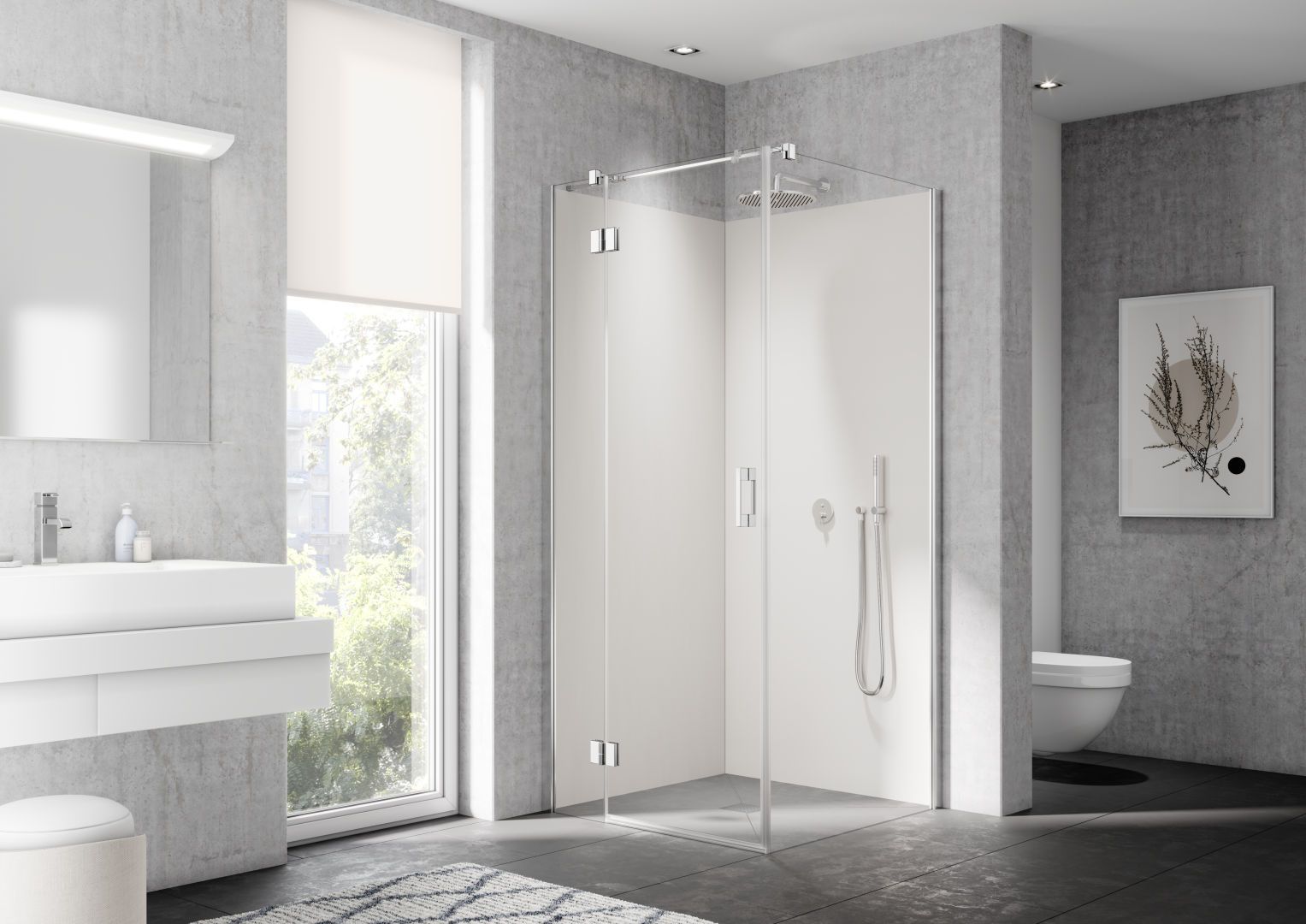 Kermi Schwingtür LIGA mit Festfeld/Wandprofil 90 x 200 cm, schwarz soft, links, auf Duschwanne