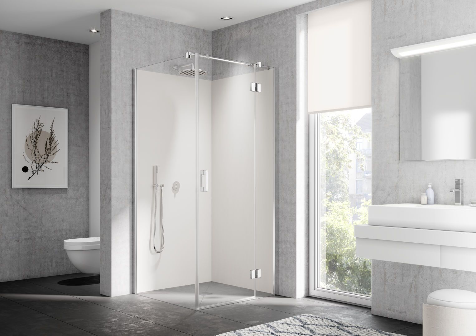 Kermi Schwingtür LIGA mit Festfeld/Wandprofil 103 x 200 cm, silber hochglanz, ESG klar Stripe 4, rechts, auf Duschplatz