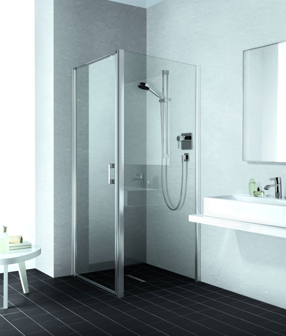 Kermi Seitenwand LIGA 90 x 200 cm, silber hochglanz, ESG klar Stripe 4 Clean, auf Duschwanne