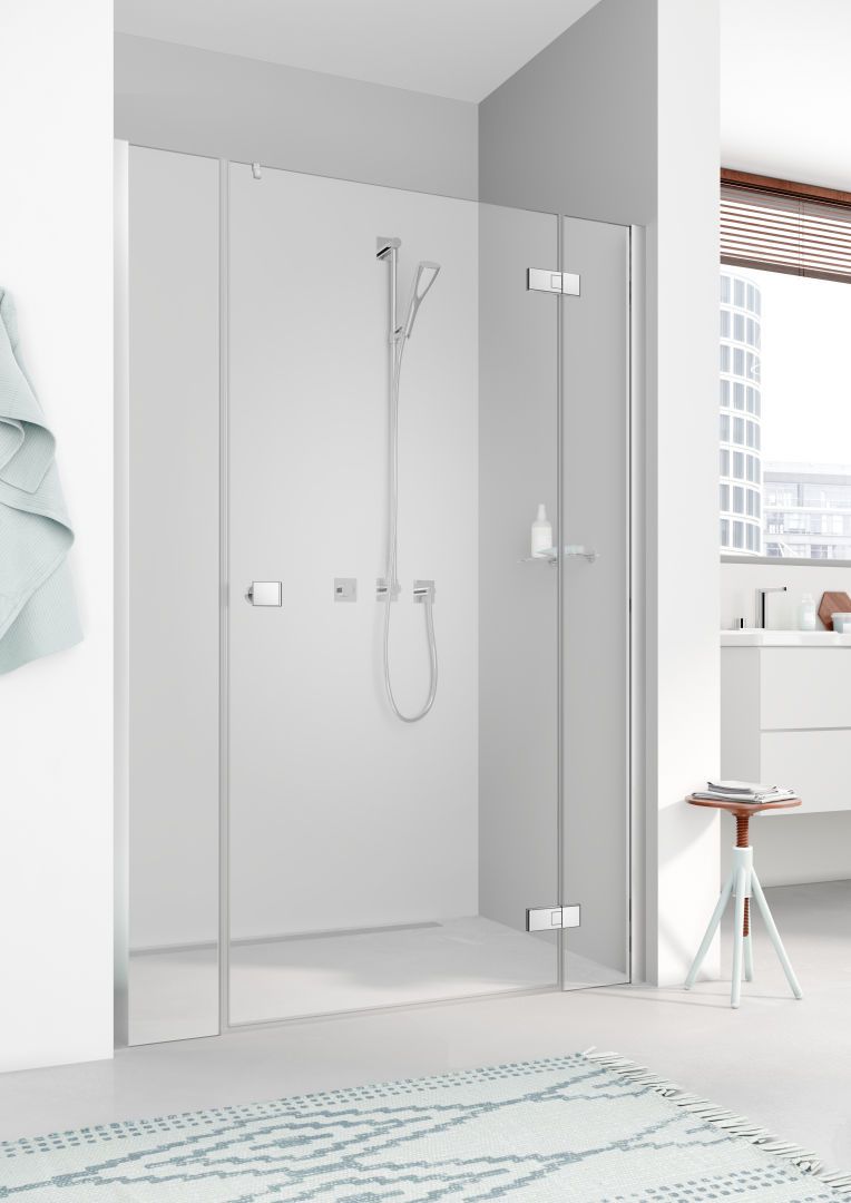 Kermi Pendeltür MENA 1-flügelig mit Festfeld, Wandprofil 160 x 200 cm, silber hochglanz, ESG klar, rechts