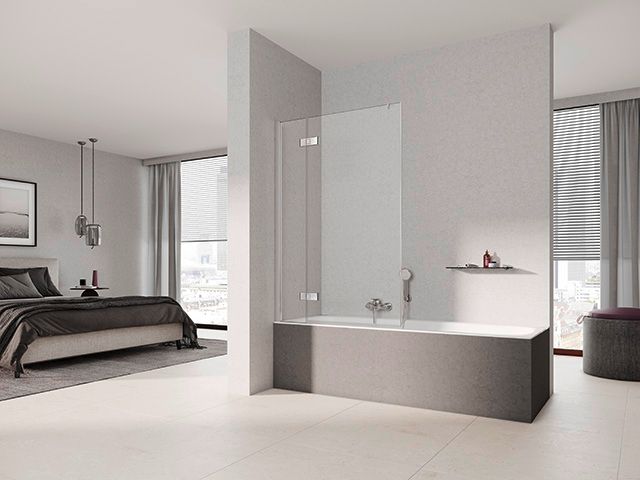 Kermi Pendelflügel mit Festfeld mit Wandprofil MENA 78-80 x 150 cm, schwarz soft, ESG klar Clean, rechts