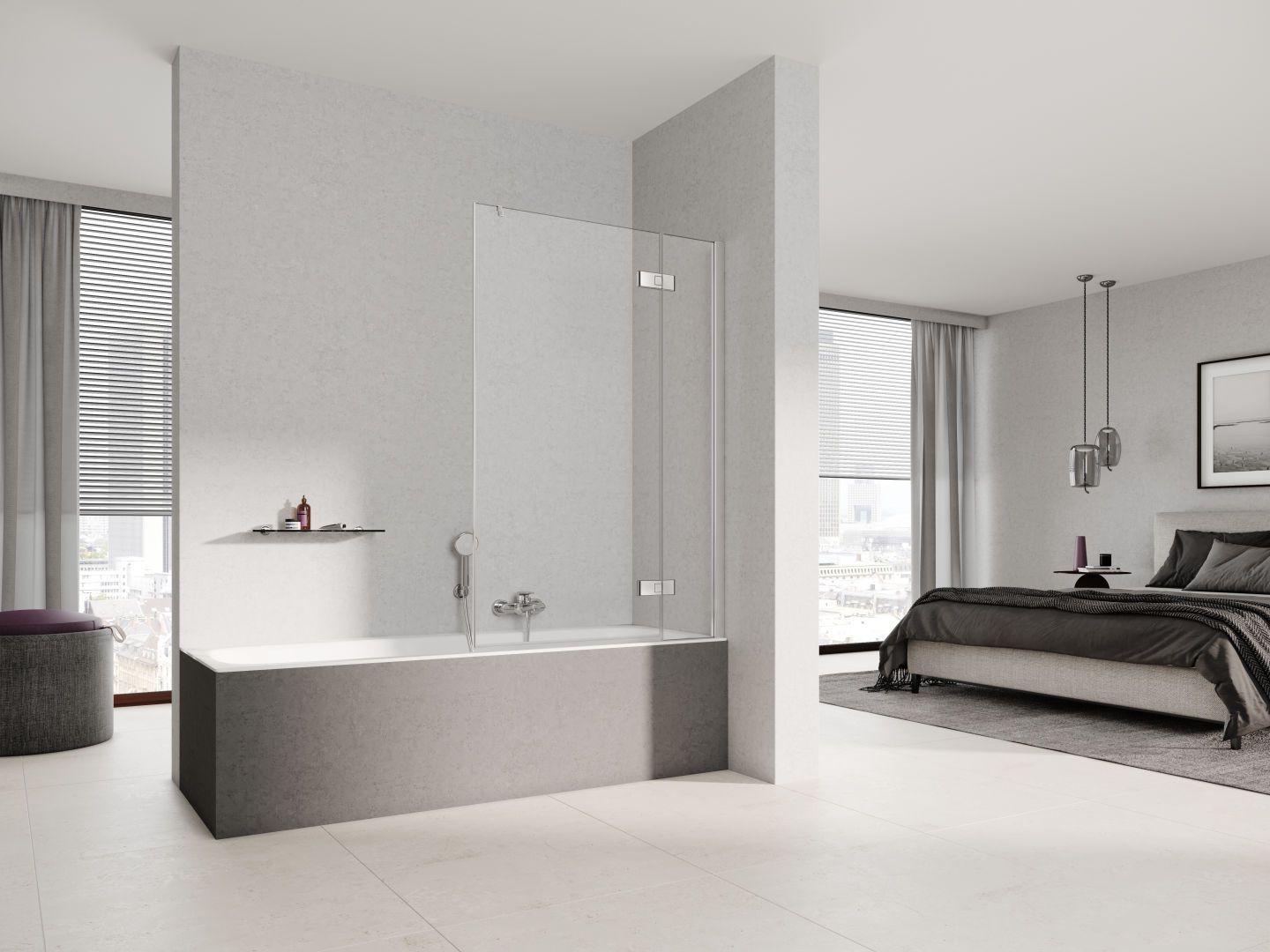 Kermi Pendelflügel mit Festfeld mit Wandprofil MENA 98 x 100 cm, silber hochglanz, ESG Milchglas SR Opaco Clean, rechts