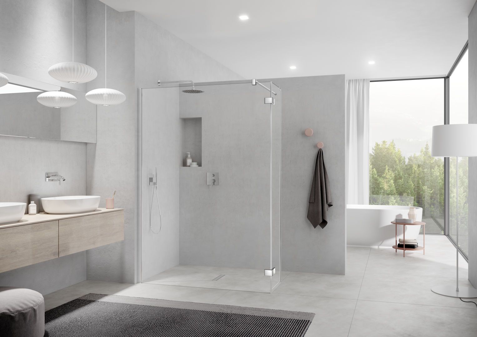 Kermi Seitenwand Walk-In MENA mit beweglichem Flügel 90 x 200 cm, silber hochglanz, ESG Milchglas SR Opaco Clean, mit Wandprofil, links