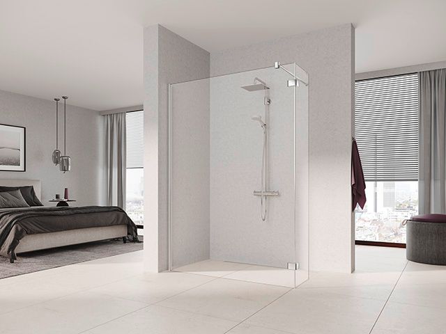 Kermi Seitenwand Walk-In MENA mit Festfeld im Winkel 103 x 200 cm, schwarz soft, ESG Milchglas SR Opaco, mit Wandprofil, rechts