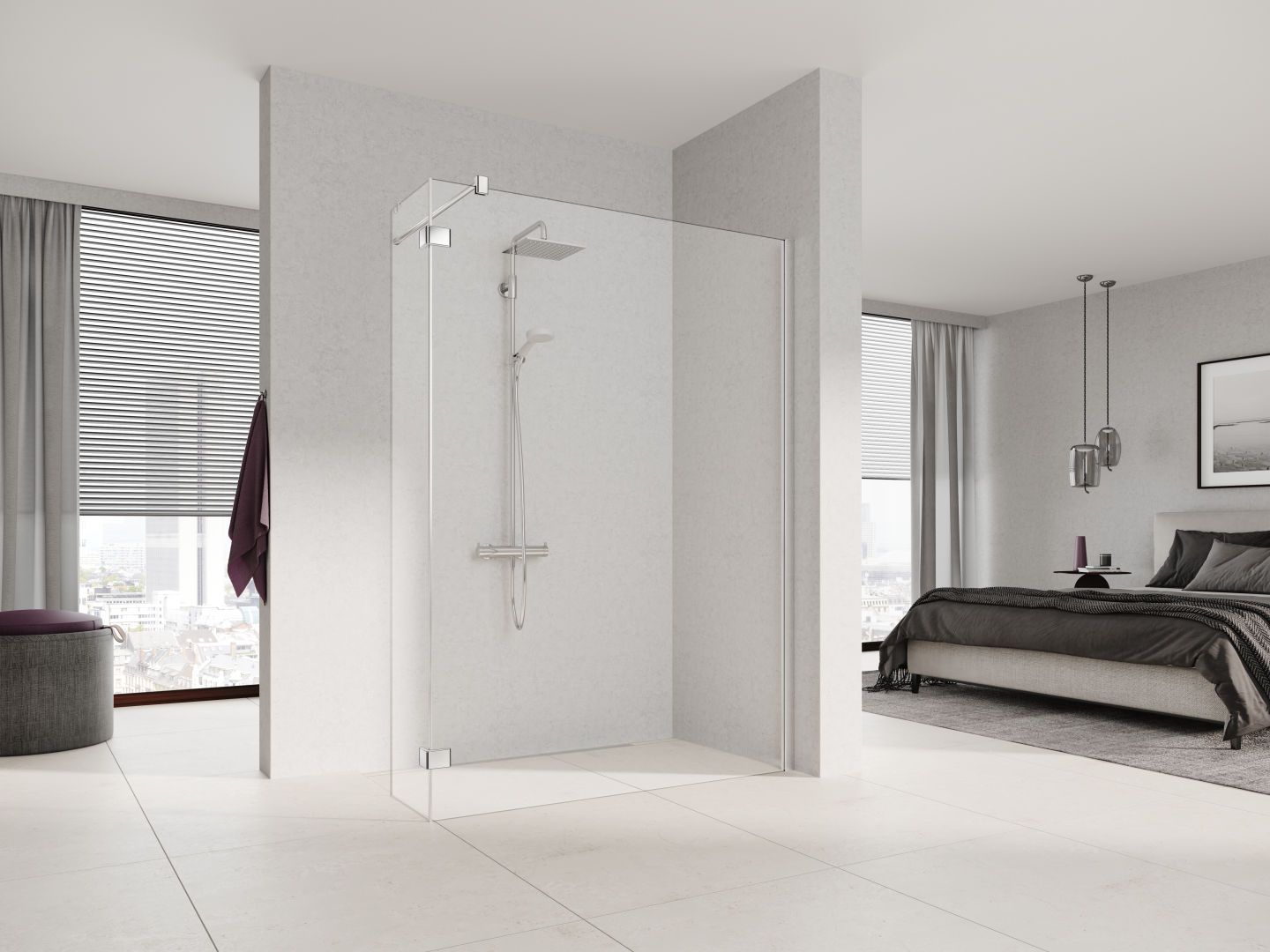 Kermi Seitenwand Walk-In MENA mit Festfeld im Winkel 80 x 200 cm, silber hochglanz, ESG Milchglas SR Opaco, mit Wandprofil, rechts