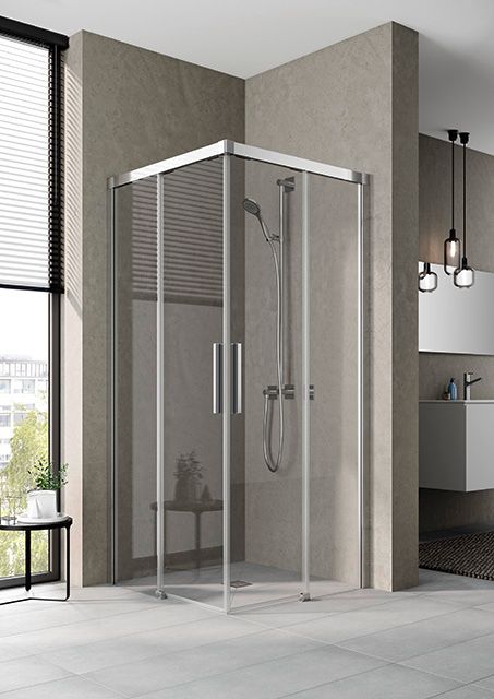 Kermi Eckeinstieg NICA 2-teilig Gleittüren bodenfrei 103 x 200 cm, links, schwarz soft, ESG Milchglas SR Opaco Clean, auf Duschplatz