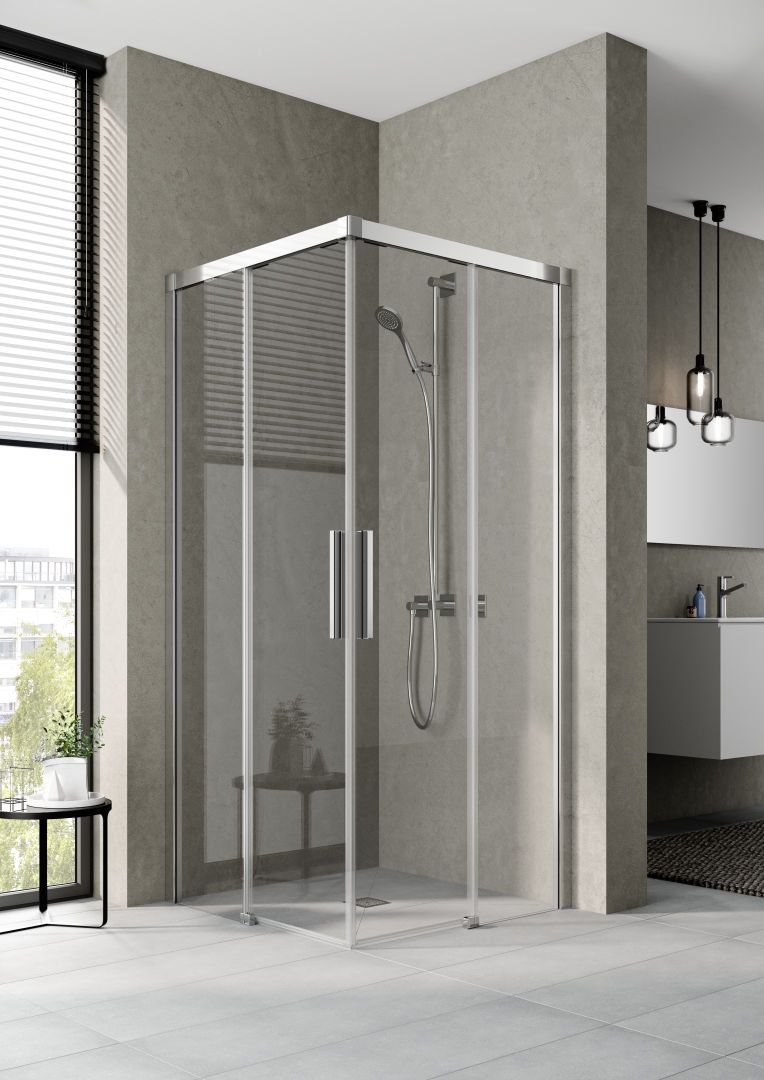 Kermi Eckeinstieg NICA 2-teilig Gleittüren 80 x 200 cm, links, schwarz soft, ESG Milchglas SR Opaco Clean, auf Duschwanne
