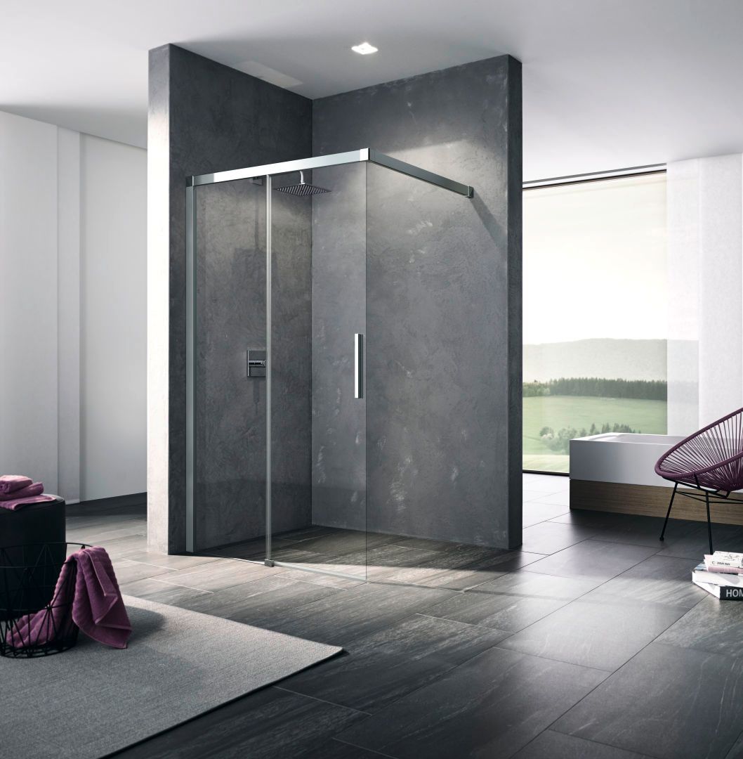 Kermi GleittürWalk-In NICA 150 x 200 cm, schwarz soft, ESG Milchglas SR Opaco Clean, links