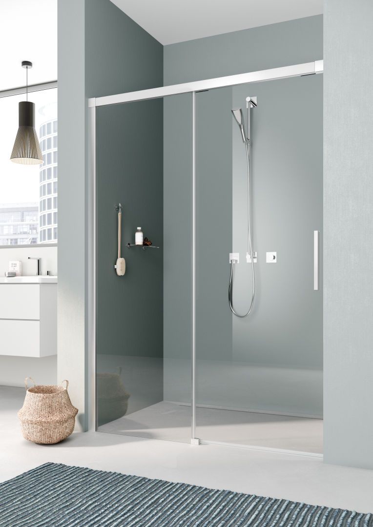 Kermi Gleittür NICA 2-teilig bodenfrei mit Festfeld 110 x 200 cm, schwarz soft, ESG Milchglas SR Opaco, links