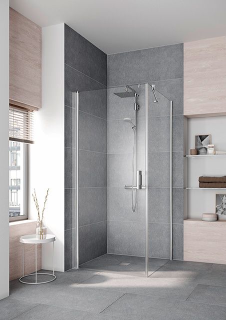 Kermi Seitenwand Pega 93 x 200 cm, silber hochglanz ESG klar Dekor Stripe 4 Clean, auf Duschplatz
