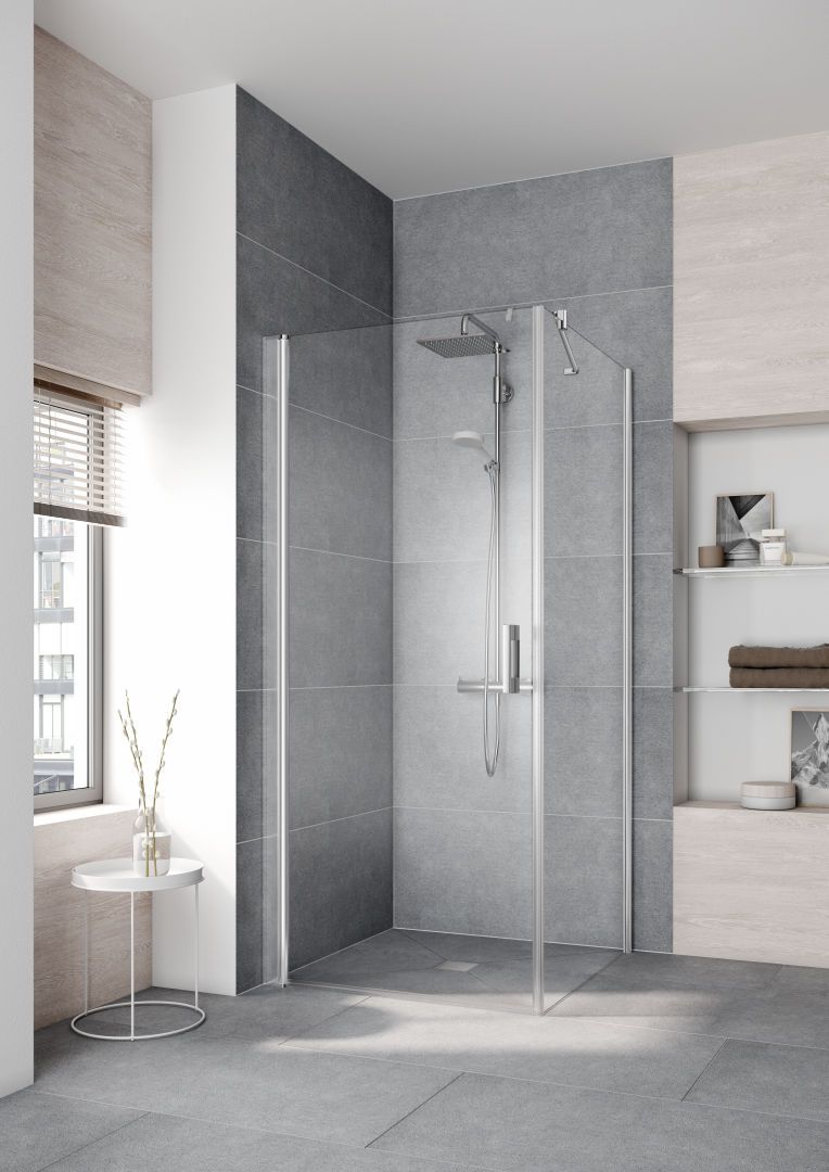 Kermi Pendeltür Pega 1-flügelig 75 x 200 cm, silber hochglanz ESG klar Dekor Stripe 4, links, auf Duschwanne