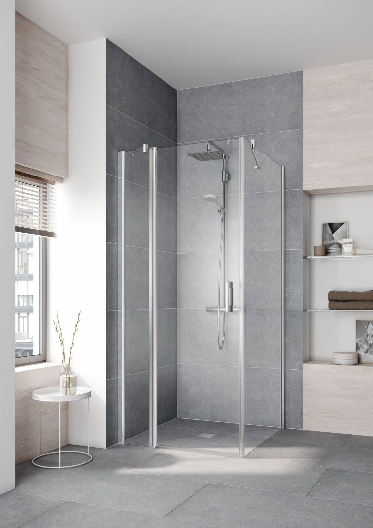 Kermi Pendeltür Pega 1-flügelig mit Festfeld 93 x 200 cm, silber hochglanz ESG klar Dekor Stripe 3, links, auf Duschplatz