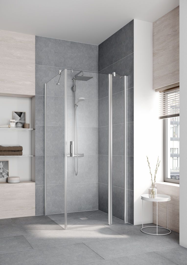 Kermi Pendeltür Pega 1-flügelig mit Festfeld 80 x 200 cm, silber hochglanz ESG klar Dekor Stripe 4, rechts, auf Duschwanne