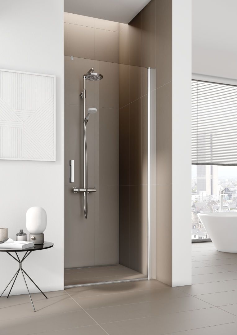 Kermi Pendeltür Pega 1-flügelig 90 x 200 cm, silber hochglanz ESG klar Dekor Stripe 3, rechts