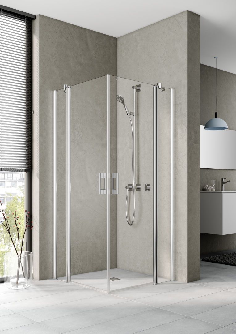 Kermi Eckeinstiegshälfte Pega 2-teilig Pedeltüren mit Festfeldern 75 x 185 cm, silber hochglanz ESG SR Opaco Clean, links, auf Duschwanne